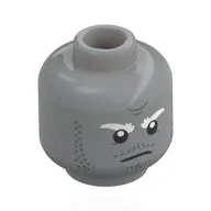 Minifig Head Tombstone, White Eyebrows, Dark Bluish Grey Stubbles, Moustache, Lopsided Grin / Stern