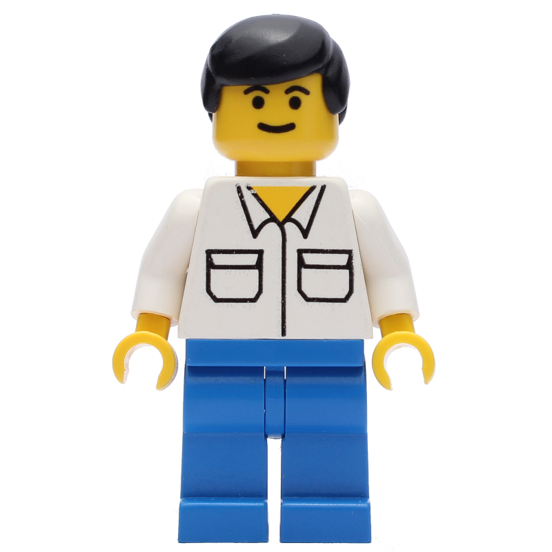 Lego Man, White Shirt with Pockets, Blue Legs, Black Hair