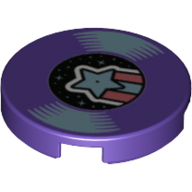 Lego Tile Round 2 x 2 with Bottom Stud Holder with Record with Azure Shooting Star Print / Dark Purple