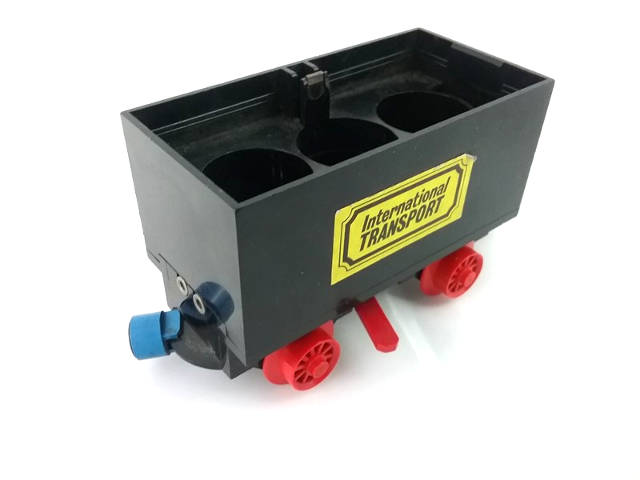 Lego Train Battery Box Car with Two Contact Holes, Red Switch Lever, Blue and Red Magnets, and Red Wheels with 'International TRANSPORT' Pattern on Both Sides (Stickers) - Sets 161 / 181-1 / 183 / Black