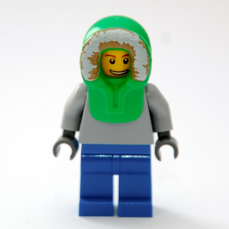 Lego Man, Plain Light Bluish Gray Torso, Blue Legs, Bright Green Hood