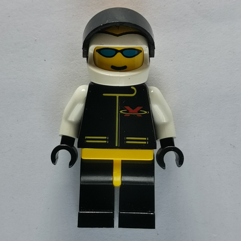 Lego Racer, Extreme Team, Black Jacket, Black Legs, White Helmet with Flames and Visor, Blue Sunglasses