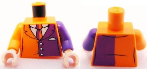 Lego Torso Batman Suit with Dark Purple Half Panel and Tie Pattern / Dark Purple Arm Left / Orange Arm Right / Light Nougat Hands