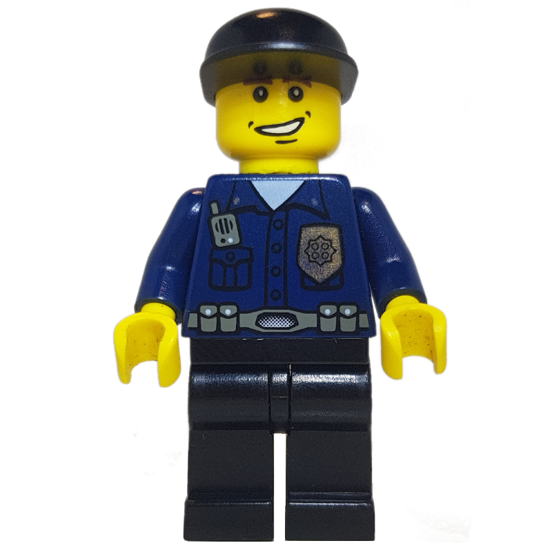 Lego Policeman, Dark Blue Shirt with Radio and Badge, Black Legs, Black Cap, Smile