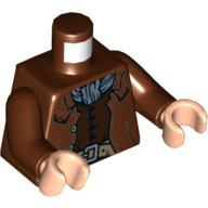 Lego Torso, Jacket, Dark Brown Vest, Sand Blue Scarf, Dark Tan Belt print, Reddish Brown Arms, Light Nougat Hands / Reddish Brown