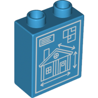 Lego Duplo Brick 1 x 2 x 2 with Bottom Tube and House Blueprints Print / Dark Azure