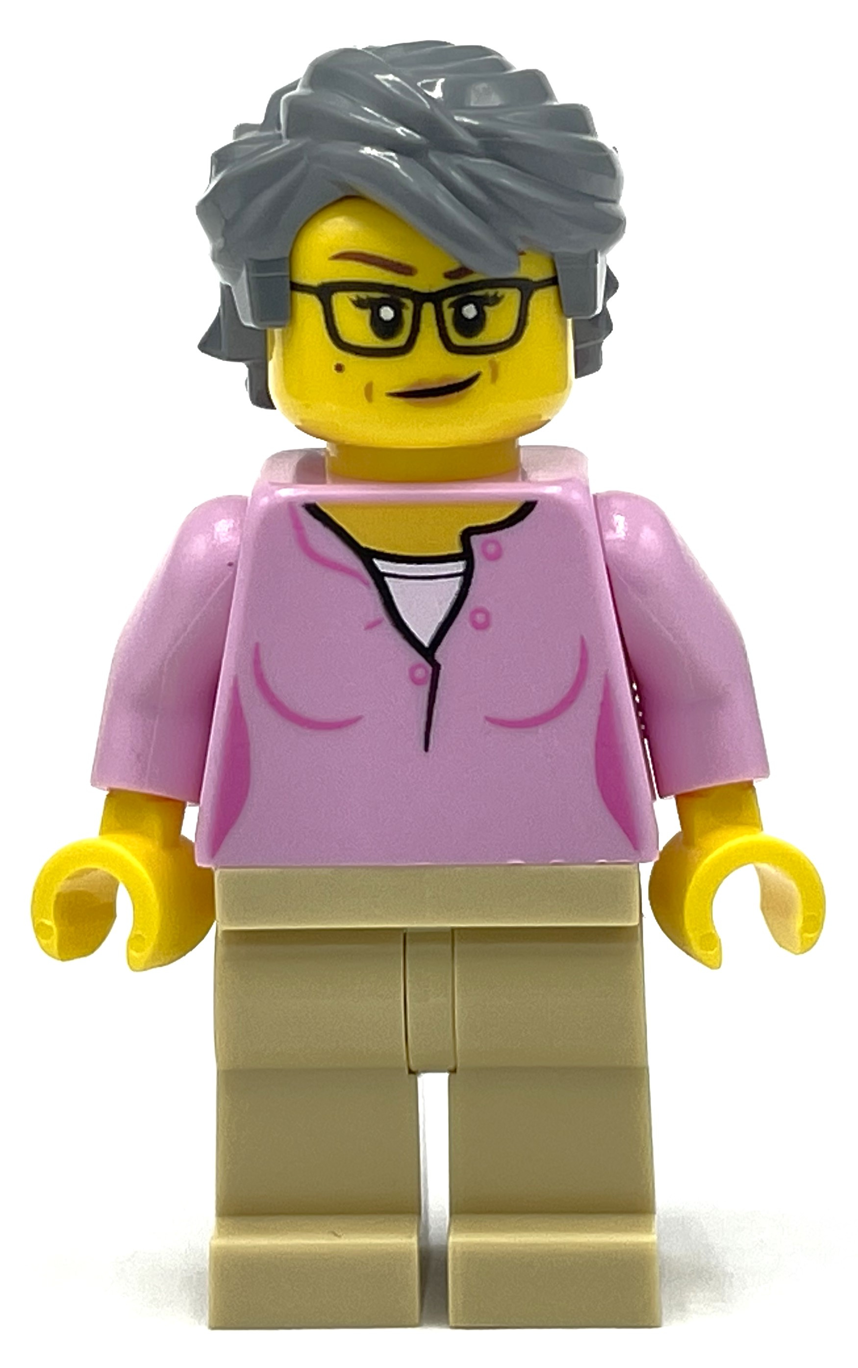 Lego Bright Pink Torso, Tan Legs, Dark Bluish Grey Hair