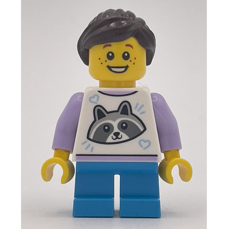 Lego Kid, White Torso, Dark Azure Legs, Dark Brown Hair