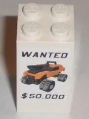 Brick 2 x 2 x 3 with 'WANTED', '$50.000' and Orange Truck Pattern (Sticker) - Set 8211