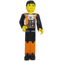 Technic Figure Orange/Black Legs, Orange Torso with Silver Print, Black Arms, Black Hair / [No Color/Any Color]