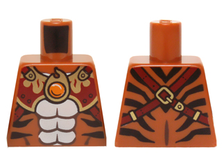 Lego Torso Black Bare Chest with Tiger Stripes, Dark Red and Gold Armor with Straps and Fire Chi Emblem Pattern