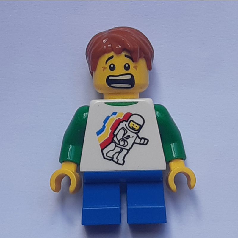 Lego Boy, Floating Classic Spaceman on Shirt, Short Blue Legs, Dark Orange Hair