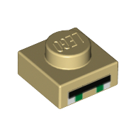 Lego Plate 1 x 1 with 2 Green and 2 White Squares, Long Black Rectangle Print [Minecraft Villager Eyes] / Tan