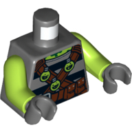 Lego Torso Shirt with Black Stripes, Reddish Brown Cross Straps with Lime Round Bottles, Reddish Brown Belt with Pouches Print, Lime Arms, Dark Bluish Gray Hands / Dark Bluish Gray