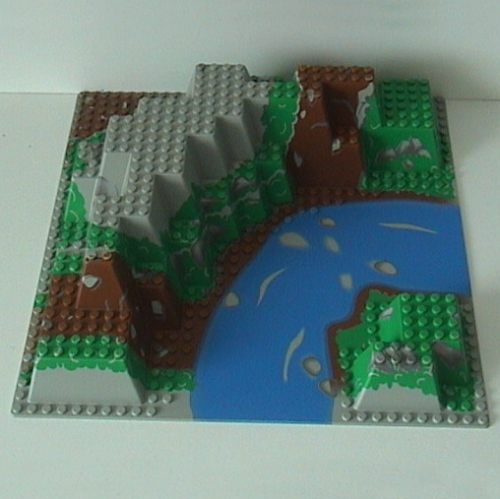 Lego Baseplate Raised 32 x 32 Canyon with Brown and Green Mountain and River Rapids Print / Light Gray
