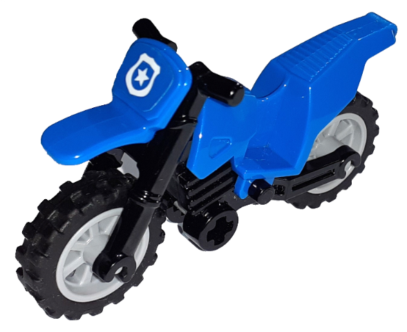 Lego Motorcycle Dirt Bike with Black Chassis (Long Fairing Mounts) and Light Bluish Gray Wheels with White Police Star Badge on Blue Background Pattern (Sticker) - Sets 60170 / 60172
