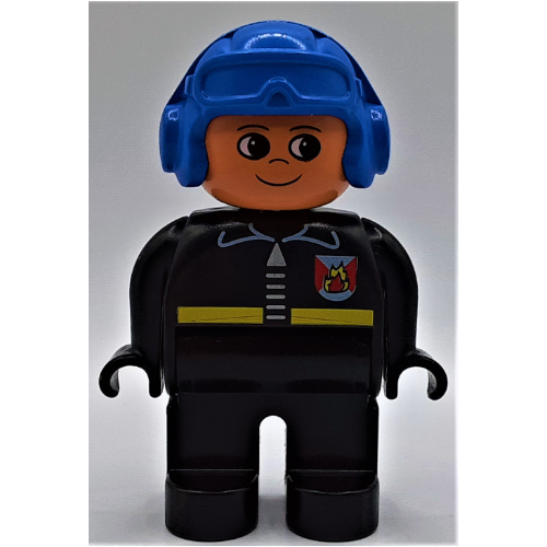 Lego Duplo Figure, Early, Aviator Hat Blue, Black Legs, Fire Jacket with Zipper Print / Black