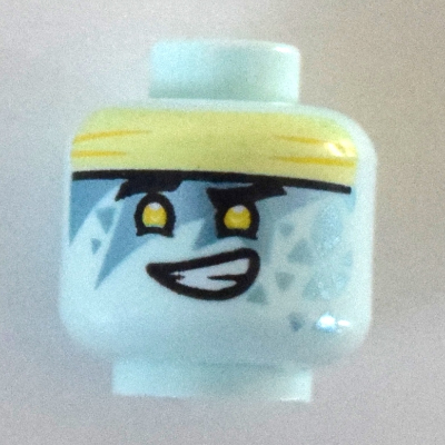 Lego Minifig Head Jay, Light Yellow Eyes and Headband, Triangles, Smile / Open Mouth and Closed Eyes / Light Aqua