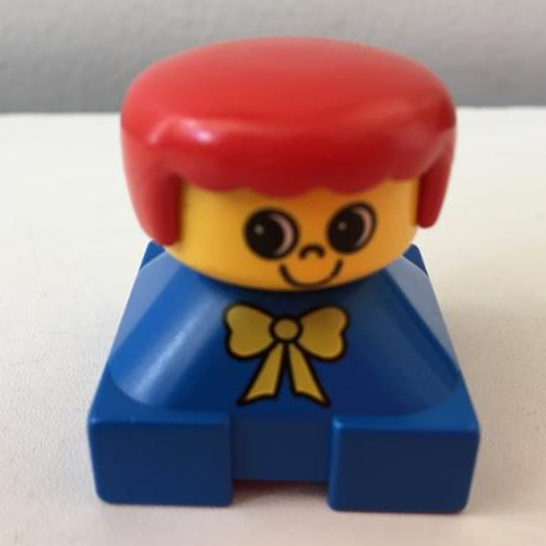 Lego Duplo 2 x 2 x 2 Figure Brick, Rounded Bangs, Red Hair, Yellow Bow Print / Blue