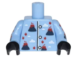 Torso Pajamas with Volcanoes with Lava and Fire and White Clouds Pattern / Bright Light Blue Arms with Volcano Pajamas Pattern / Black Hands