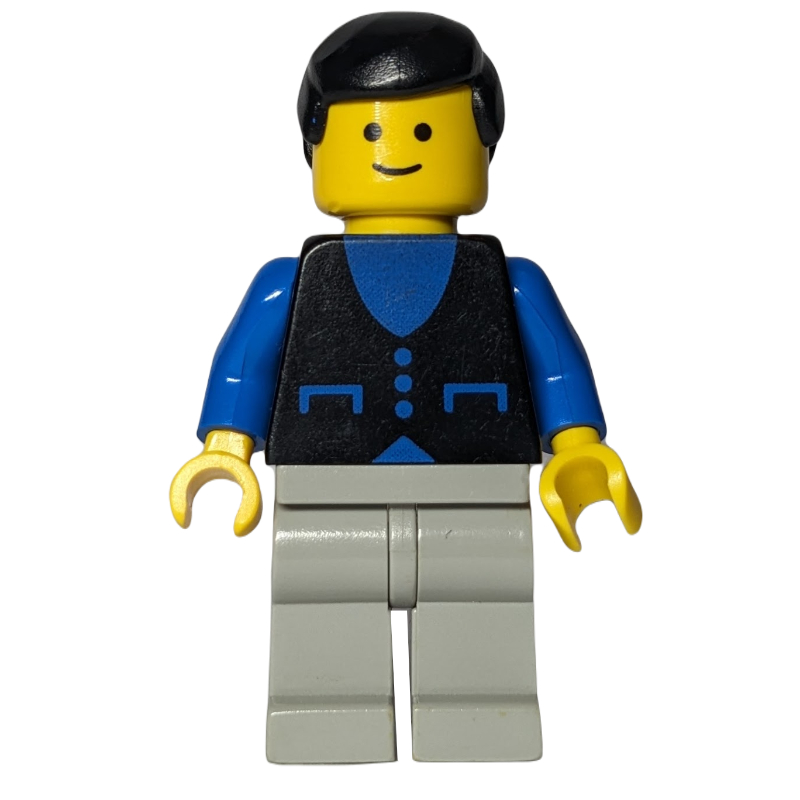 Lego Man, Black Vest over Blue Shirt, Light Gray Legs, Black Hair