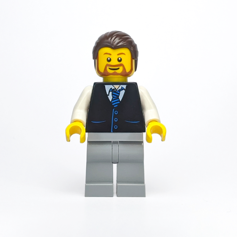 Lego Man, Black Vest with Tie, Dark Brown Hair, Beard
