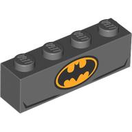 Lego Brick 1 x 4 with Bright Light Orange/Black Batman Logo on One Side, Black Bat, Muscles on Other Side print / Dark Bluish Gray