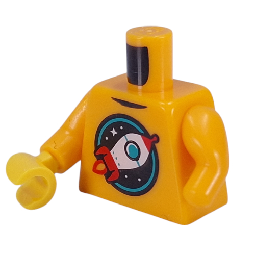 Lego Torso, Retro Rocket on Black Background, Star, Dark Turquoise Circle print, Left Limb Reduction, Bright Light Orange Arms, Yellow Hand / Bright Light Orange