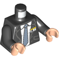 Lego Torso Suit with Pockets and Buttons over White Shirt with Collar, Gray Striped Tie and ID Badge / Crease Line and Collar on Back Print, Black Arms, Light Nougat Hands / Black