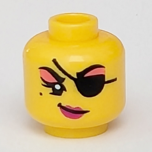 Lego Minifig Head, Pink Eye Shadow, Freckle, Black Eye Patch print [Hollow Stud] / Yellow