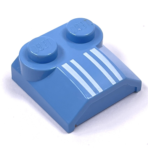 Lego Brick Curved 2 x 2 x 2/3 Two Studs and Lip End with Four White Lines Print / Medium Blue