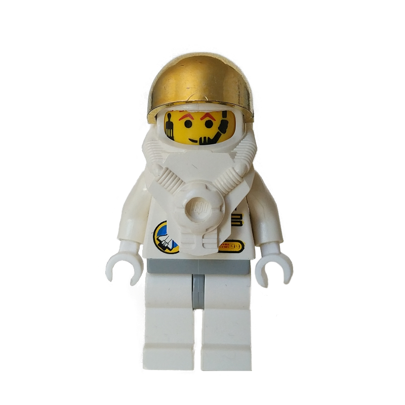 Lego Astronaut, White, Light Gray Hips, Helmet with Breastplate and Large Chrome Gold Visor, Headset
