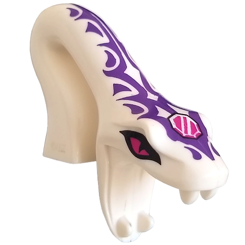 Lego Minifig Head Special, Snake, Arched with Open Mouth and Dark Pink Eyes, Dark Purple Markings Print / White
