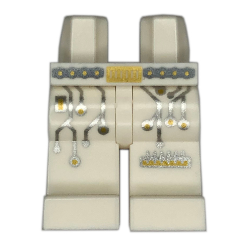 Lego Hips and White Legs with Pearl Dark Grey/Gold Belt, Silver Circuitry print / White