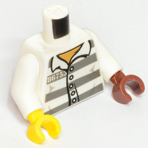 Lego Torso, Odd Hands, Prison Shirt, '86753' Print, White Arms, Left Reddish Brown Hand, Right Yellow Hand / White