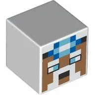 Minifig Head Special, Cube with Pixelated Nougat Face, White Eyebrows, Moustache, Blue Mining Lamp Print / White