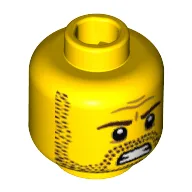 Minifig Head Roman Commander, Beard Stubble, Brown Eyebrows and Bared Teeth Print [Blocked Open Stud] / Yellow