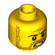 Lego Minifig Head Roman Commander, Beard Stubble, Brown Eyebrows and Bared Teeth Print [Blocked Open Stud] / Yellow