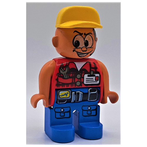 Lego Duplo Figure, Early, Cap Yellow, Blue Legs, Flannel Shirt with Wrench in Pocket, ID Badge with Belt, Headset Print (Action Wheeler) / Red