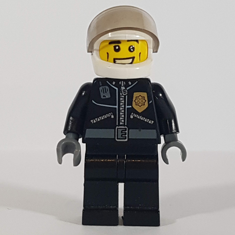 Lego Policeman, Black Jacket with Zipper, Radio, Badge, and 'POLICE' on Back, White Helmet with Visor, Open Mouth