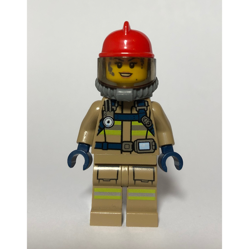 Lego Firewoman, Dark Tan Fire Suit with Gauge and Straps, Red Helmet, Breathing Apparatus, Airtanks, Dirty