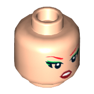 Lego Minifig Head Poison Ivy, Dual Sided, Red Eyebrows, Green Eye Shadow, Worried / Pursed Lips Print [Hollow Stud] / Light Nougat