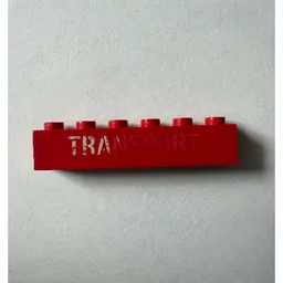 Brick 1 x 6 with 'TRANSPORT' Stencil White Print / Red