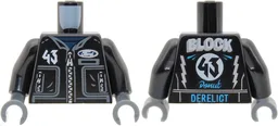 Torso Racing Jacket with Dark Blue Undershirt, Dark Bluish Gray Collar and Pockets, White '43', Silver Zippers and Ford Logo, 'BLOCK', Dark Azure 'Donut' and 'DERELICT' on Back Pattern / Black Arms / Dark Bluish Gray Hands / Black
