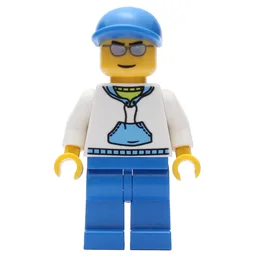 Man, White and Blue Hoodie, Blue Legs, Blue Cap, Silver Sunglasses