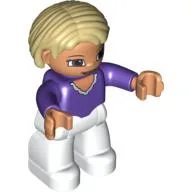 Duplo Figure Bob / Pageboy Hair Tan, with White Legs, Dark Purple Top, Brown Eyes / Dark Purple