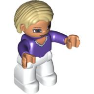 Lego Duplo Figure Bob / Pageboy Hair Tan, with White Legs, Dark Purple Top, Brown Eyes / Dark Purple
