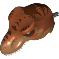 Lego Animal Body Part, Dinosaur, Tyrannosaurus Rex Head with Pin, White Teeth, Dark Orange Top and Dark Brown Stripes Print / Medium Nougat