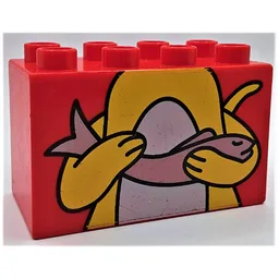 Duplo Brick 2 x 4 x 2 with Yellow Cat, Top Half Holding Fish Print / Red