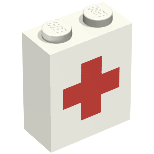 Lego Brick 1 x 2 x 2 with Inside Axle Holder with Red Cross Print / White